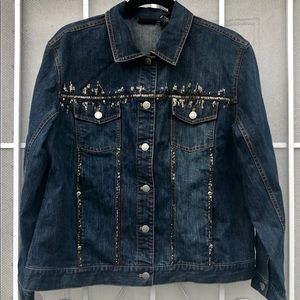 Beaded Jean Jacket Dark Wash Denim Button Up